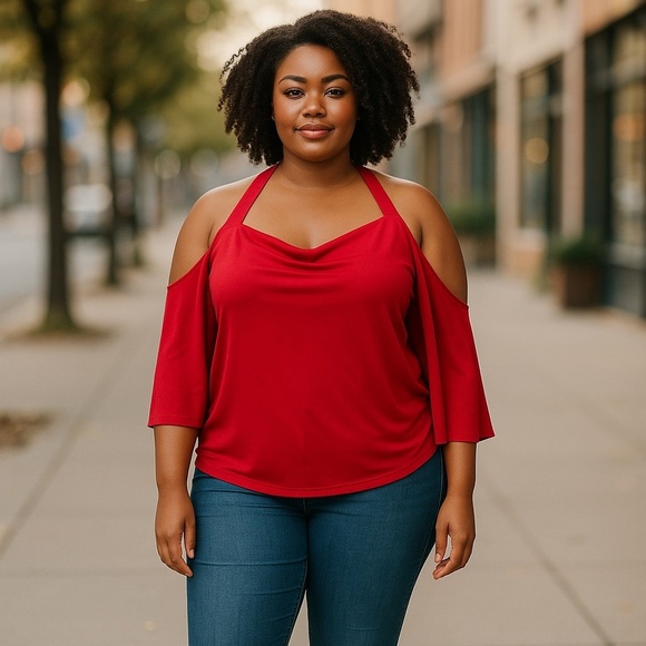 JOSEPH RIBKOFF Red Off The Shoulder Halter Style Blouse Drape Neck Top Sz 16 - Picture 1 of 11
